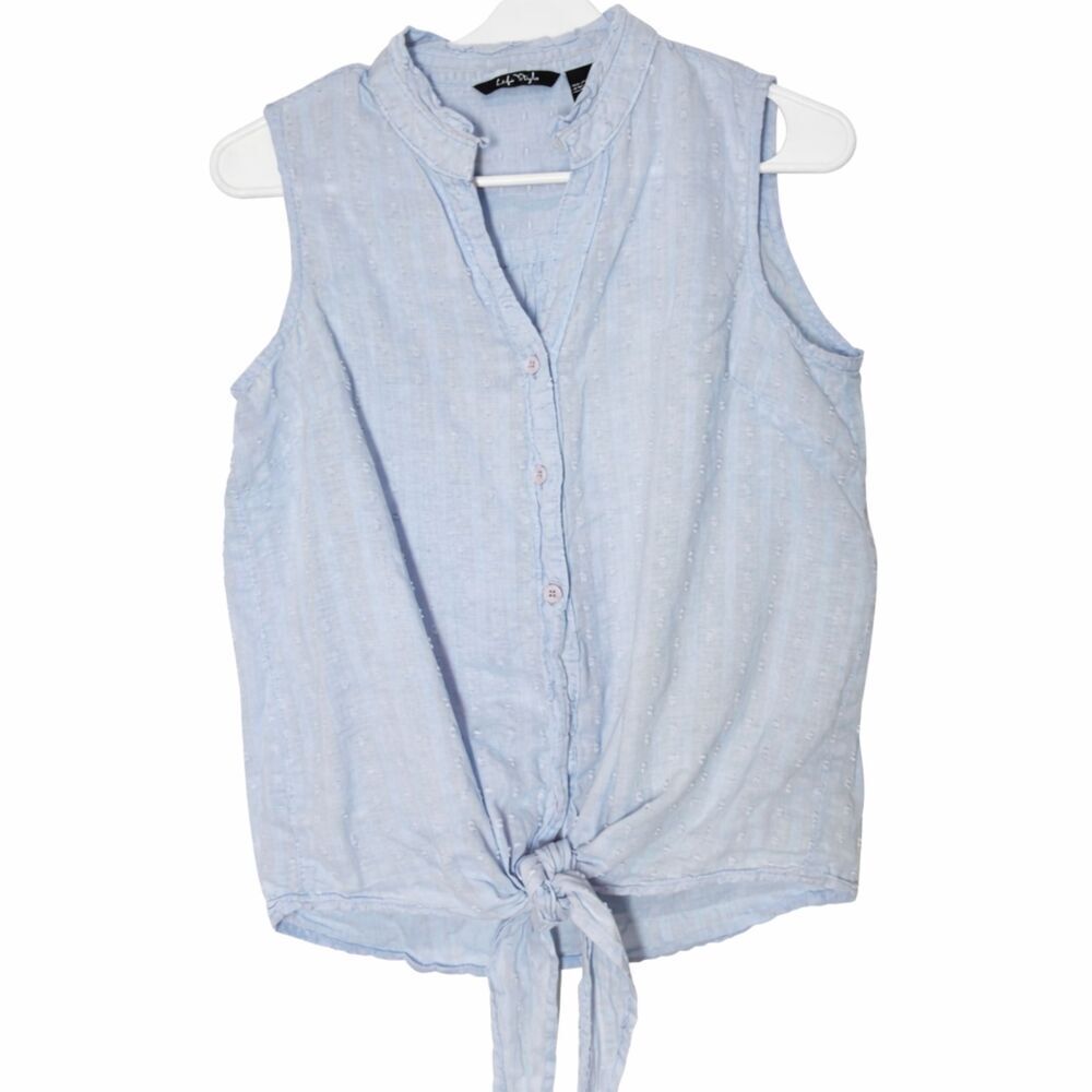 Life Style Sleeveless Tie Front Blouse Women’s Small Blue 100% Cotton Collared